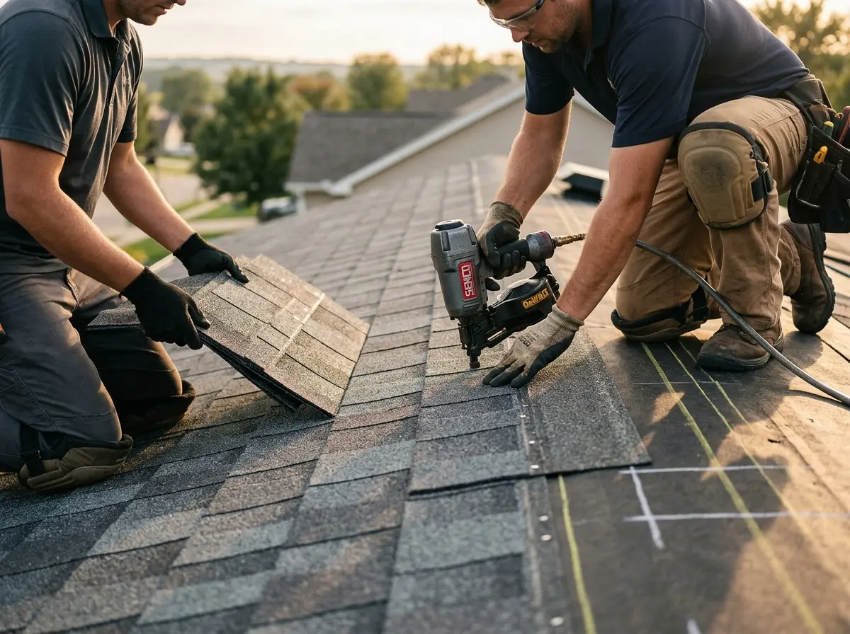 Professional roofer working on a residential roof in Quakertown